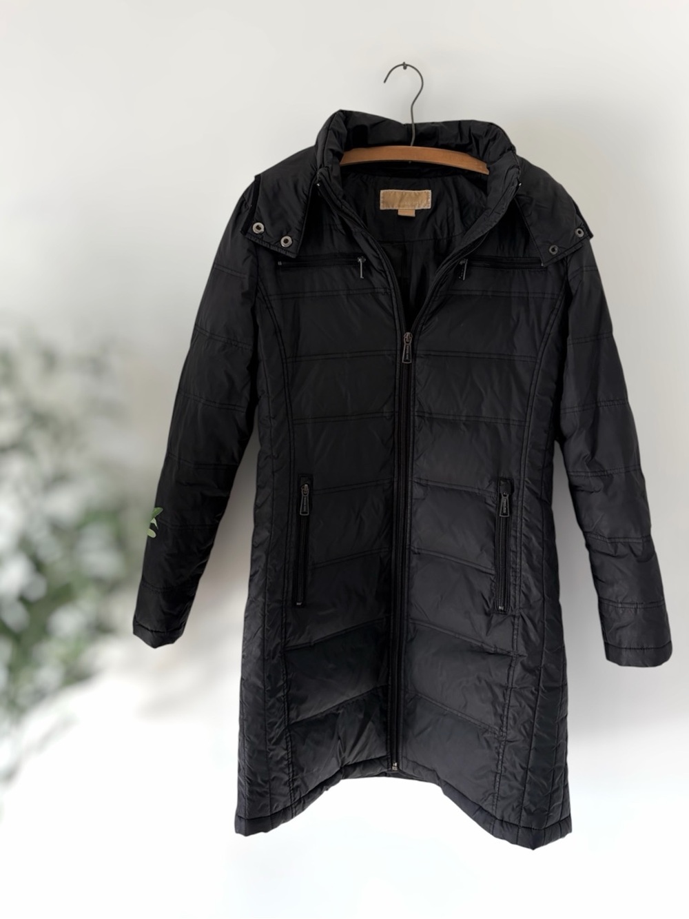 Michael Michael Kors Women's Black Long Quilted Puffer Coat Hooded Zip M